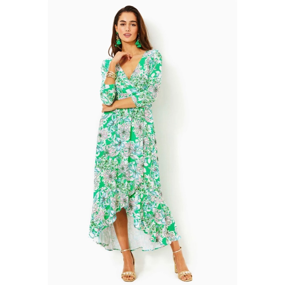 Lilly Pulitzer Green & White Floral Wrap Maxi Dress New with Tags